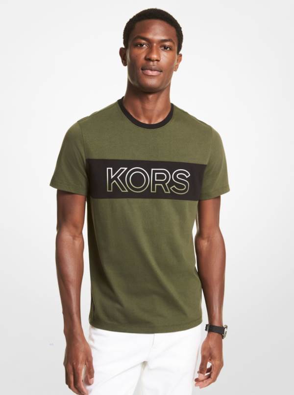Panske Tricko Michael Kors Ombré Logo Stripe Cotton Jersey Tmavo Zelene - Oblecenie Michael Kors Obchod | BSIYW-8735